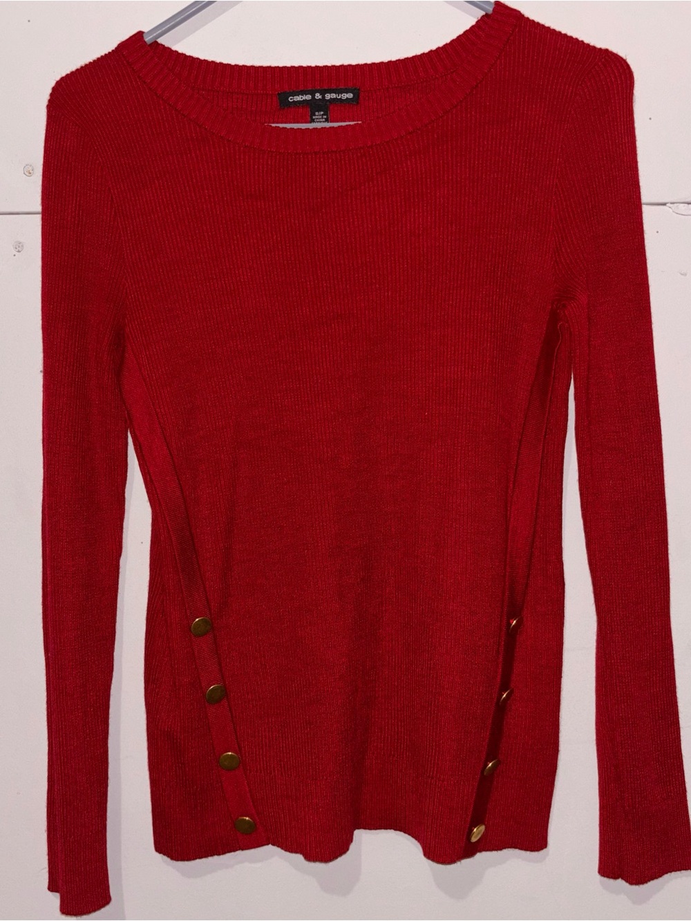 Cable & Gauge Red Ribbed Crew Sweater with Side Button Detail